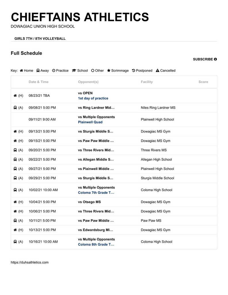 7th / 8th Grade Volleyball Game Schedule